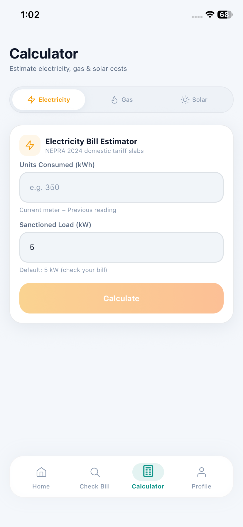 Calculator — estimate electricity, gas and solar costs