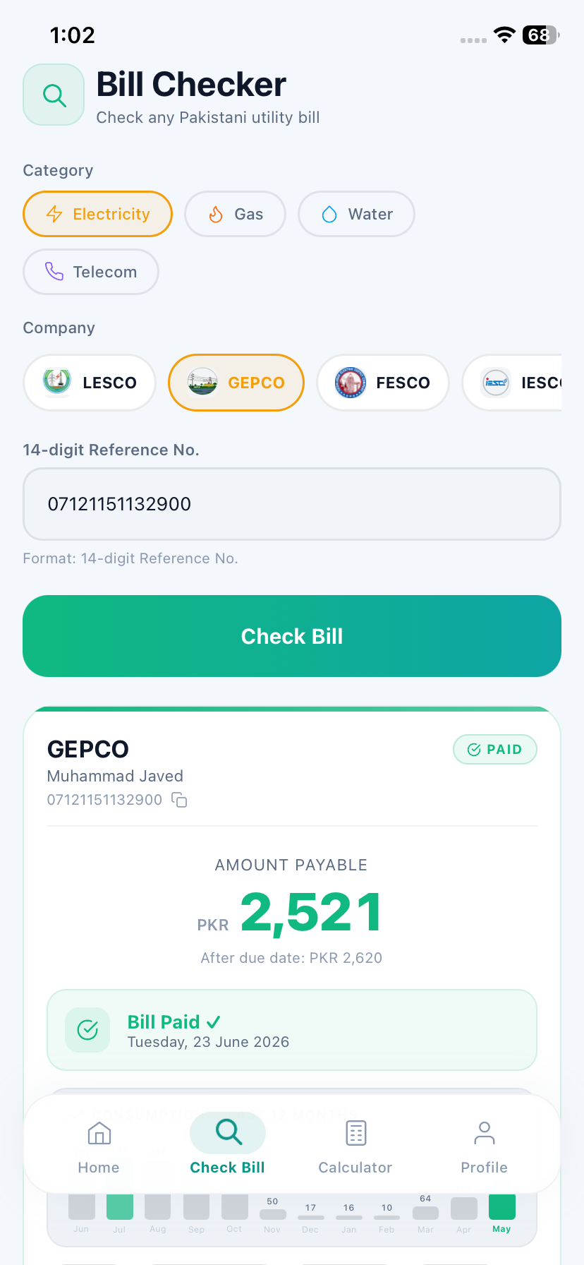 Bill Checker — check any Pakistani utility bill by reference number