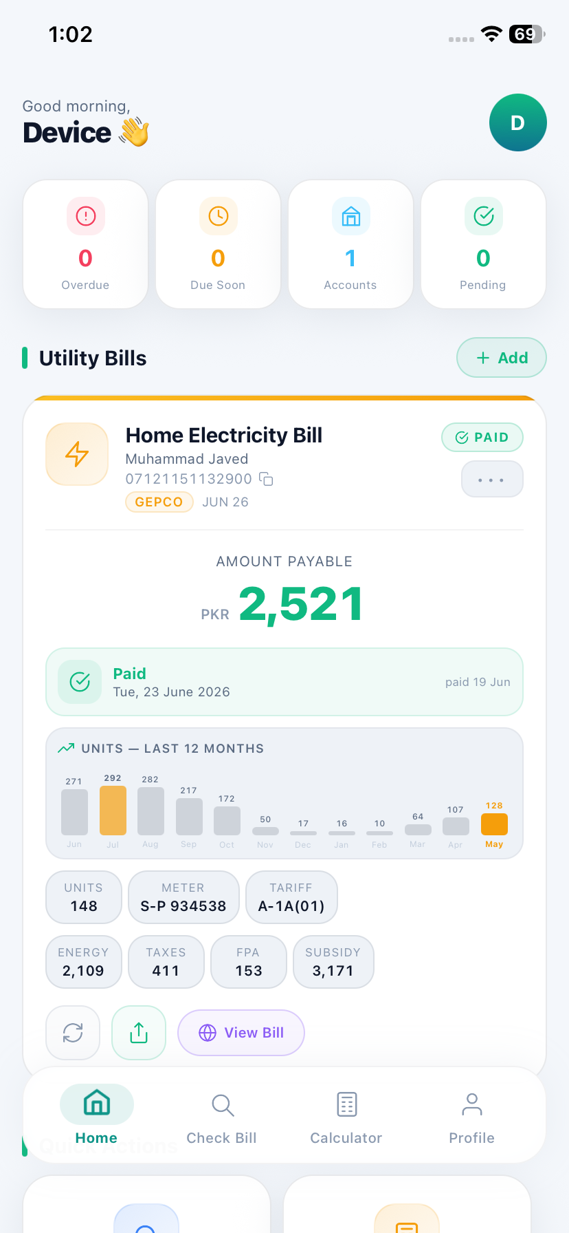 PakBill dashboard — total outstanding, bill card with 12-month history