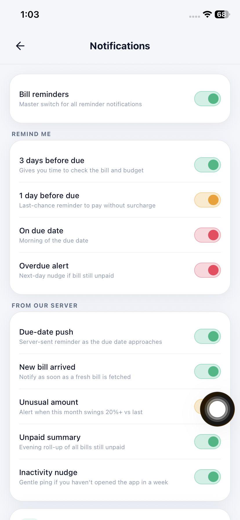 Notifications — due-date reminders and bill alerts you control
